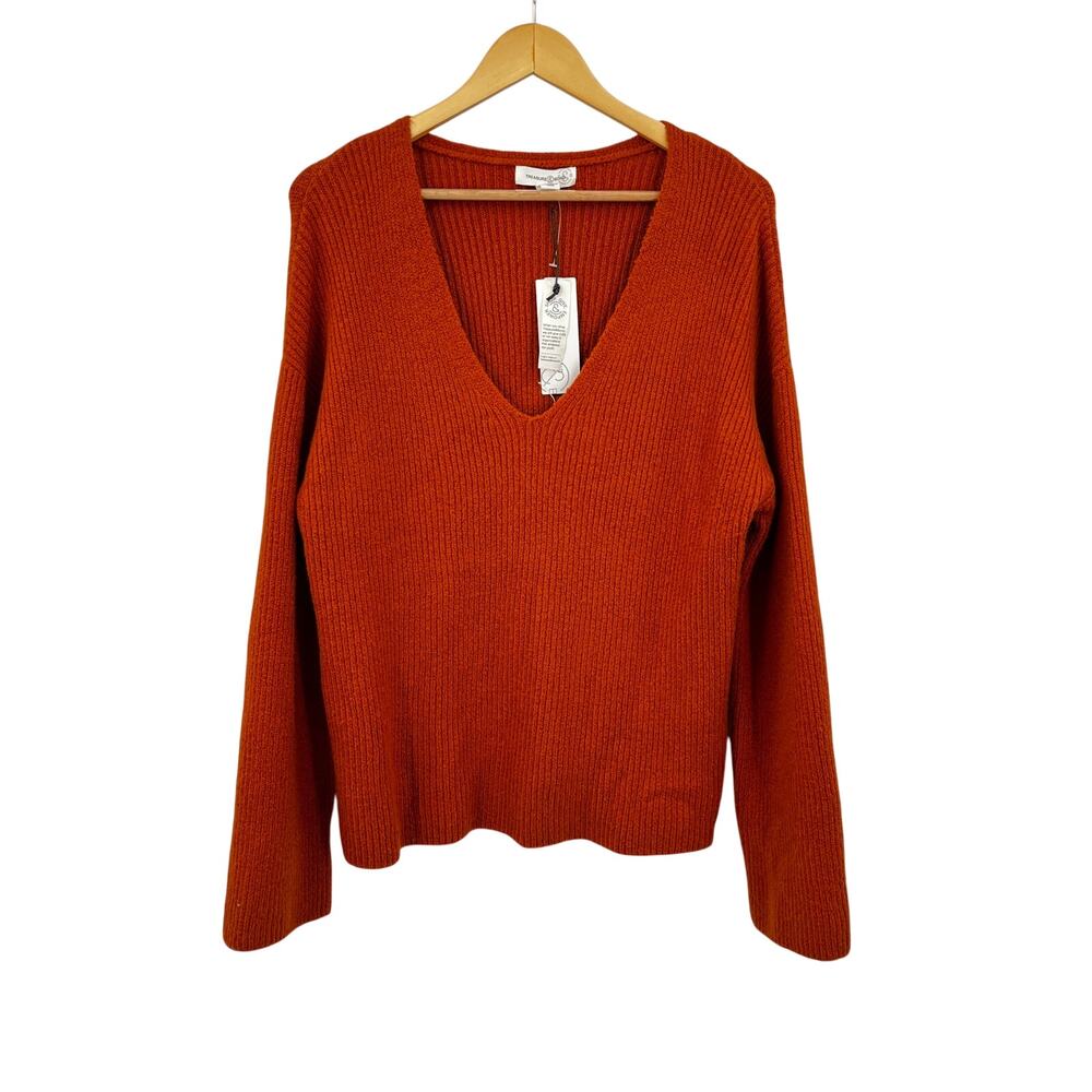 Treasure & Bond Rust Ribbed V Neck Sweater NWT Small Cozy Soft